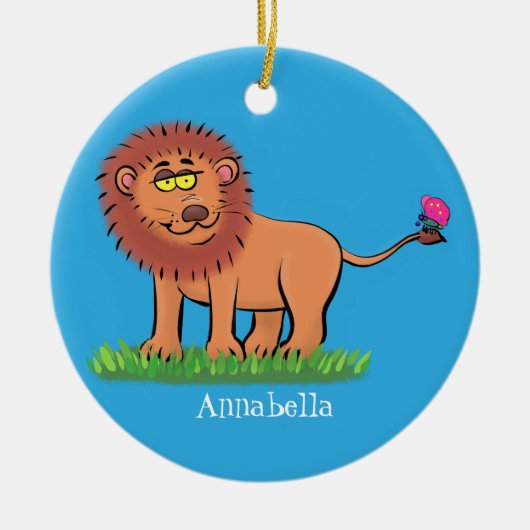 Happy lion met vlinderse cartoon illustratie keramisch ornament (Voorkant)