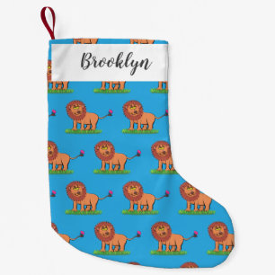 Happy lion met vlinderse cartoon illustratie kleine kerstsok