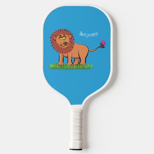 Happy lion met vlinderse cartoon illustratie pickleball paddle (Achterkant)