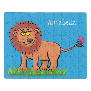 Happy lion met vlinderse cartoon illustratie puzzel