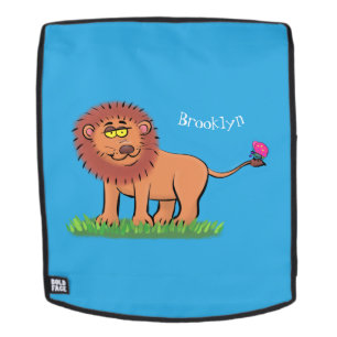 Happy lion met vlinderse cartoon illustratie rugtassen
