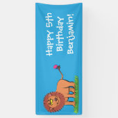 Happy lion met vlinderse cartoon illustratie spandoek (Verticaal)