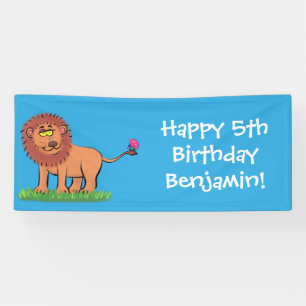 Happy lion met vlinderse cartoon illustratie spandoek