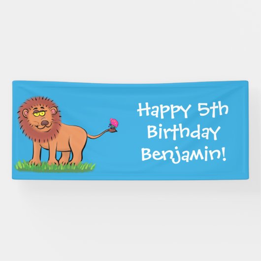 Happy lion met vlinderse cartoon illustratie spandoek (Horizontaal)