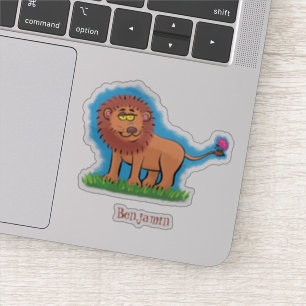 Happy lion met vlinderse cartoon illustratie sticker