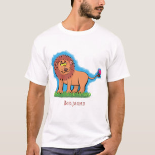 Happy lion met vlinderse cartoon illustratie t-shirt