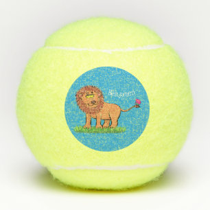 Happy lion met vlinderse cartoon illustratie tennisballen