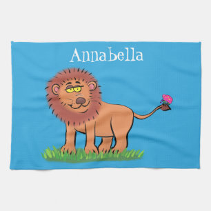 Happy lion met vlinderse cartoon illustratie theedoek