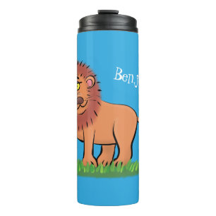 Happy lion met vlinderse cartoon illustratie thermosbeker