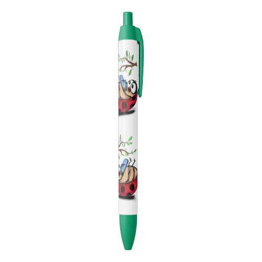 Happy Little Ladybug met Phone - Funny Drawing Blauwe Inkt Pen (Achterkant (Verticaal))