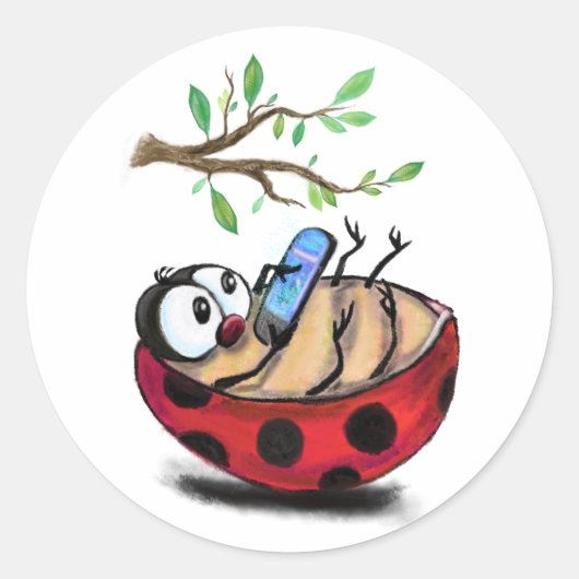 Happy Little Ladybug met Telefoon Funny Sticker (Voorkant)