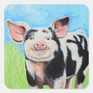 Happy Little Pig Painting Vierkante Sticker