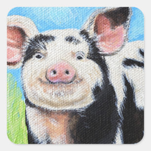 Happy Little Pig Painting Vierkante Sticker