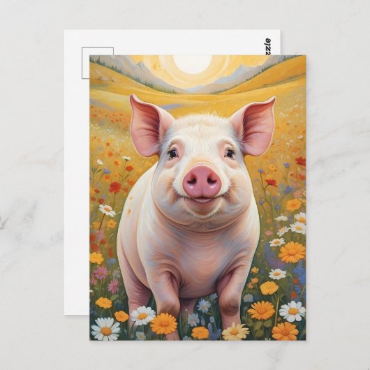 Happy Little Pig Sunny Daisy Field Briefkaart (Voorkant / Achterkant)