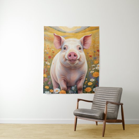 Happy Little Pig Sunny Daisy Field Wandkleed (In situ)