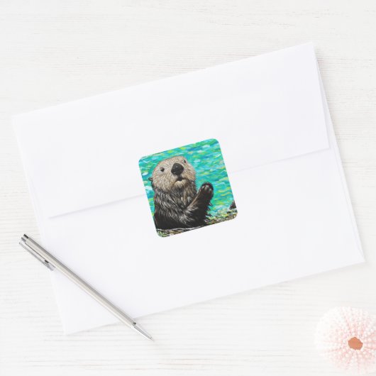 Happy Little Zee Otter Painting Vierkante Sticker (Envelop)