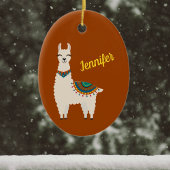 Happy Llama met naam op Red Ceramic Ornament