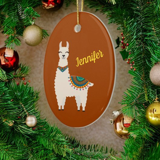 Happy Llama met naam op Red Ceramic Ornament