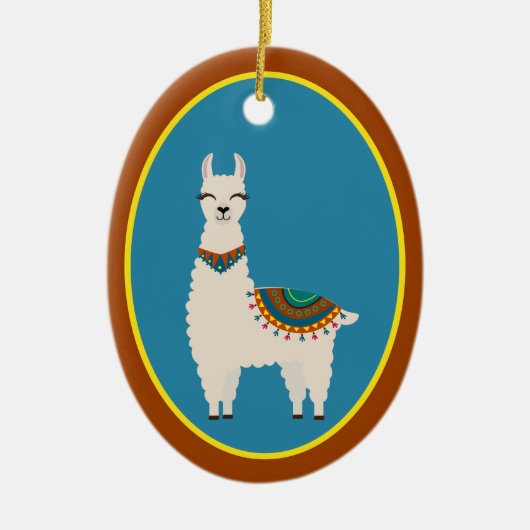 Happy Llama op Blue Keramisch Ornament (Voorkant)