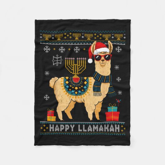 Happy Llamakah Funny Ugly Hanukkah Sweater Llama P Fleece Deken (Voorkant)