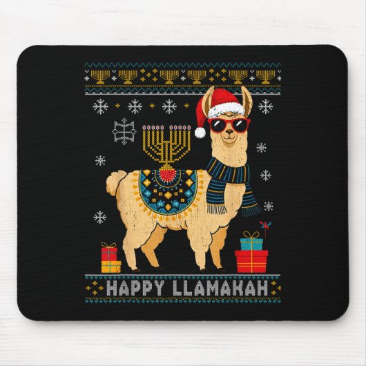 Happy Llamakah Funny Ugly Hanukkah Sweater Llama P Muismat (Voorkant)