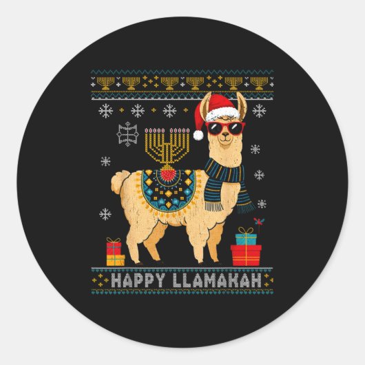 Happy Llamakah Funny Ugly Hanukkah Sweater Llama P Ronde Sticker (Voorkant)