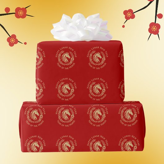 Happy Lunar New Year of the Horse Wreath Flowers Cadeaupapier