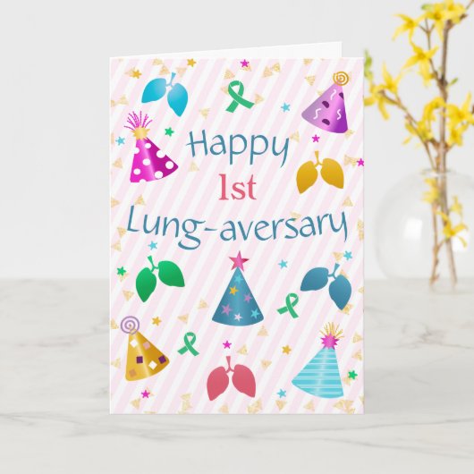 Happy Lung-aversary Pink Stripe Custom Kaart (Gele Bloem)