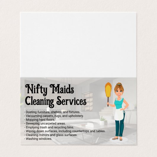 Happy Maid with Feather Duster | Clean Living Room Visitekaartje (Buitenkant ongevouwen)