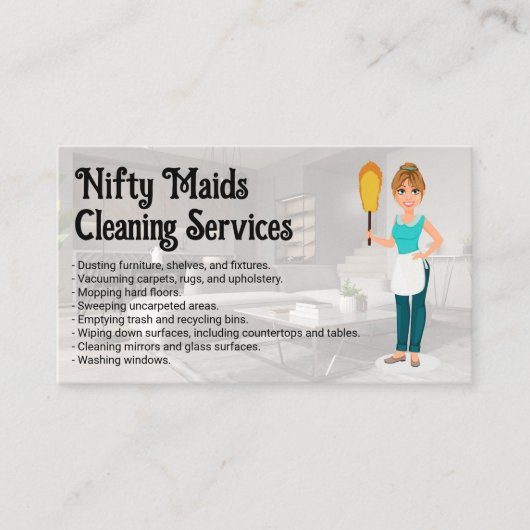 Happy Maid with Feather Duster | Clean Living Room Visitekaartje (Voorkant)