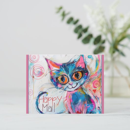 Happy Mail Cat Briefkaart (Staand voorkant)