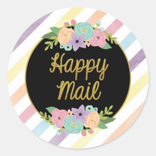 Happy Mail Sticker - pastel regenboog strepen goud (Voorkant)