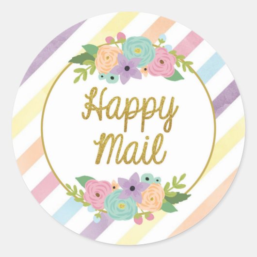 Happy Mail Sticker - pastel regenboog strepen goud (Voorkant)