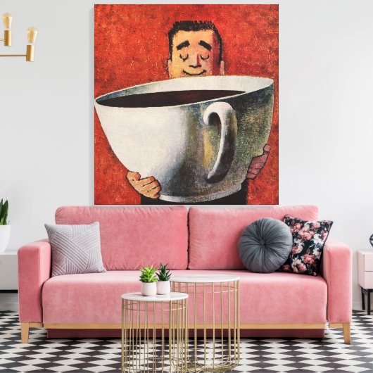 Happy Man Drink Giant Cup koffie Canvas Afdruk (Insitu (Woonkamer))