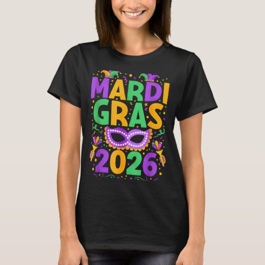 Happy Mardi Gras 2026 Costume New Orleans Matching T-shirt (Voorkant)