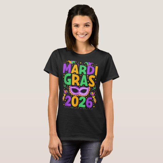Happy Mardi Gras 2026 Costume New Orleans Matching T-shirt (Voorkant volledig)