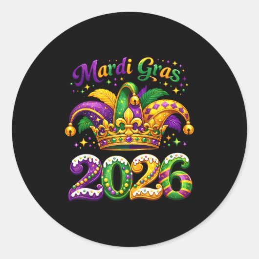 Happy Mardi Gras 2026 Jester Hat New Orleans Men W Ronde Sticker (Voorkant)
