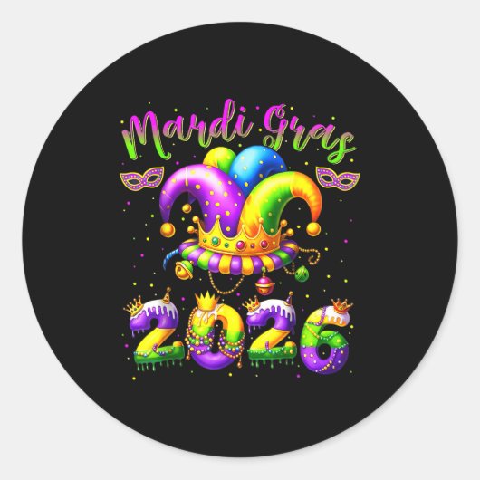 Happy Mardi Gras 2026 Jester Hat New Orleans Men W Ronde Sticker (Voorkant)