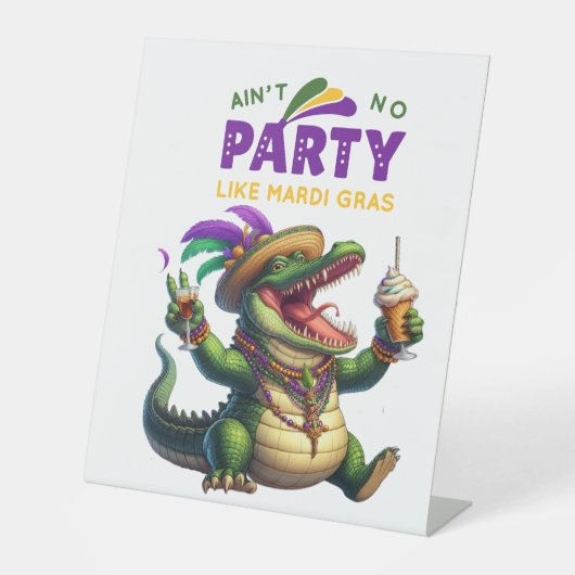 Happy Mardi Gras Alligator Reclamebord Met Voetstuk (Voorkant)