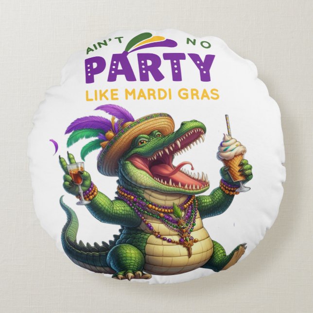 Happy Mardi Gras Alligator Rond Kussen (Voorkant)