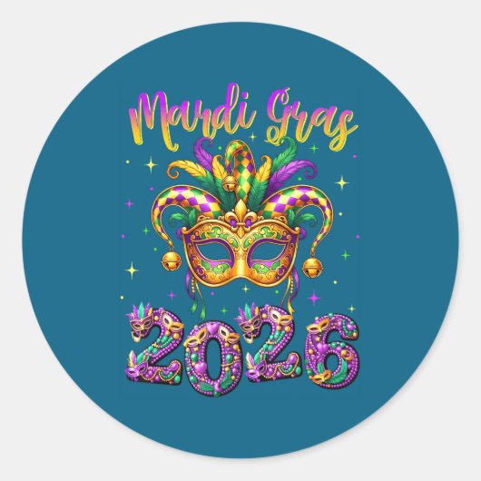 Happy Mardi Gras Carnival 2026 Jester Hat Men Wome Ronde Sticker (Voorkant)