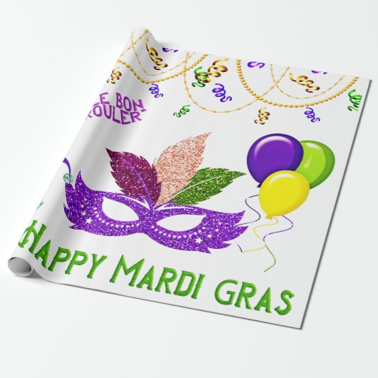 Happy Mardi Gras Celebration Beads Masker Cadeaupapier (Uitgerold)