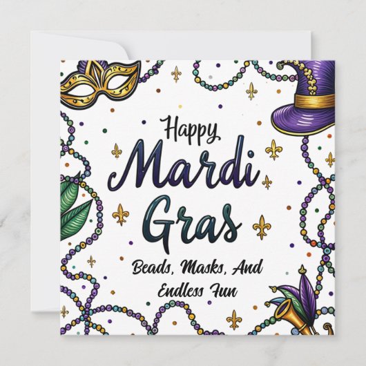 Happy Mardi Gras Feathered en Masker Feestdagenkaart (Voorkant)
