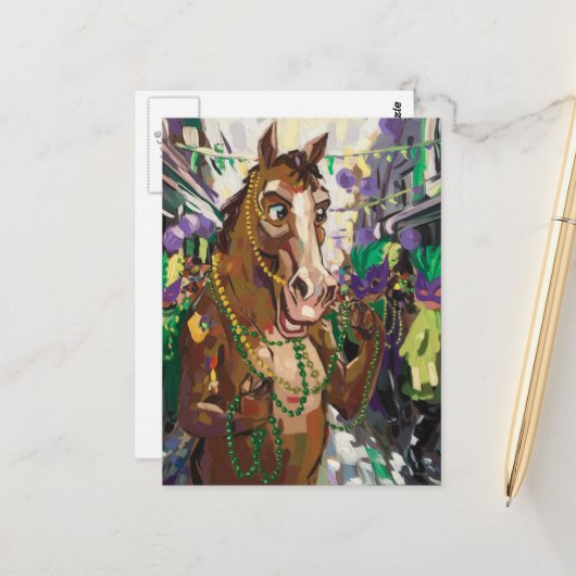 Happy Mardi Gras Horse Briefkaart (Voorkant / Achterkant in situ)