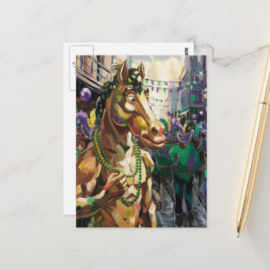 Happy Mardi Gras Horse Briefkaart (Voorkant / Achterkant in situ)