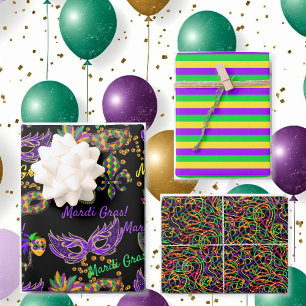 Happy Mardi Gras Maskers Beads 3 Coördinatie Inpakpapier Vel