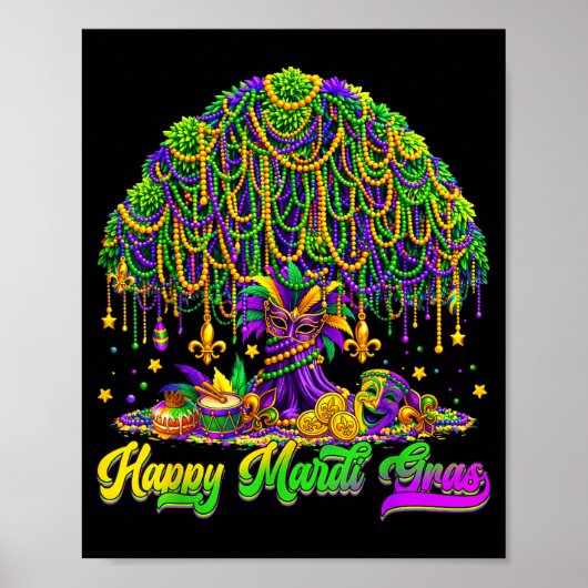 Happy Mardi Gras Tree Beads Mask Carnival New Orle Poster (Voorkant)
