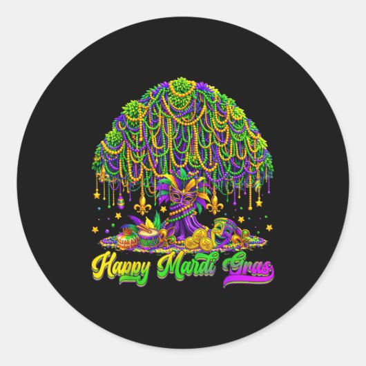 Happy Mardi Gras Tree Beads Mask Carnival New Orle Ronde Sticker (Voorkant)