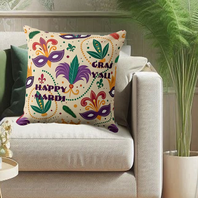 Happy Mardi Gras Y'All Masks Fleur De Lis Kralen Kussen (Happy Mardi Gras Y'All Masks Fleur De Lis Beads Throw Pillow)