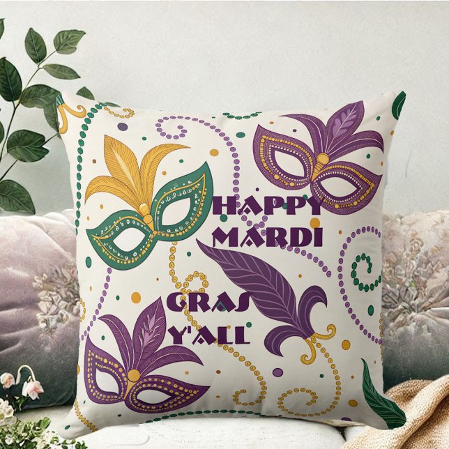 Happy Mardi Gras Y'All Masks Fleur De Lis Kralen Kussen (Happy Mardi Gras Y'All Masks Fleur De Lis Beads Throw Pillow)
